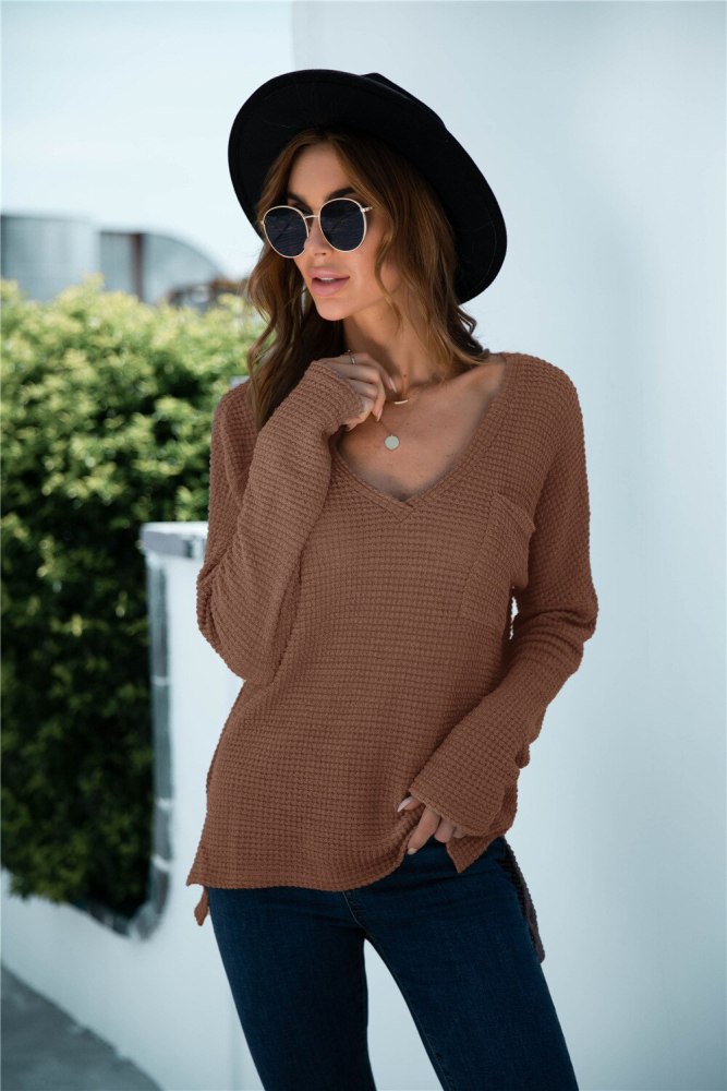 2021 Women Solid Sexy V-neck Split Pocket T-shirt Casual Long Sleeve Loose Top For Autumn