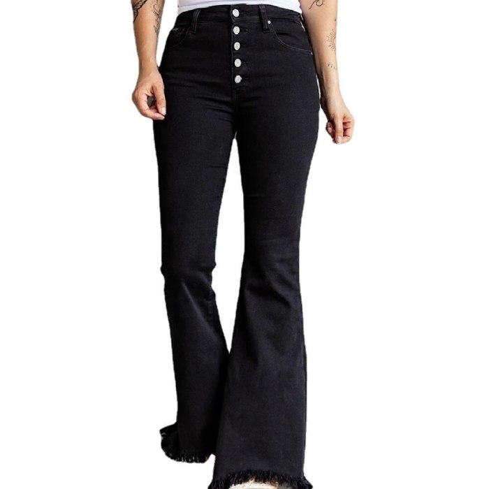 Women's Pants y2k Flare Pants Women's Jeans Mom Black Fur-lined Jeans Stretch Button Jeans Streetwear Denim Trousers Black Jeans