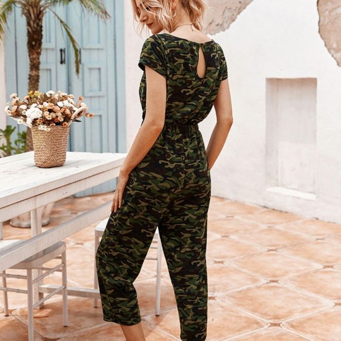 Summer Camouflage Print Lace Up O Neck Jumpsuits Women's Streetwear Casual Strapless Short-sleeve Pocket Woman Jumpsuits