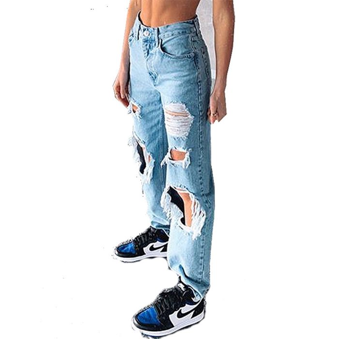 High Waist Women's Baggy Jeans Ripped Holes Show Thin Slim Fit Pants