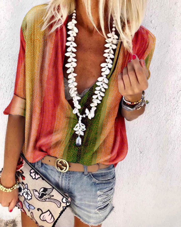Women's Fashion V-neck Printed Colour Blouse