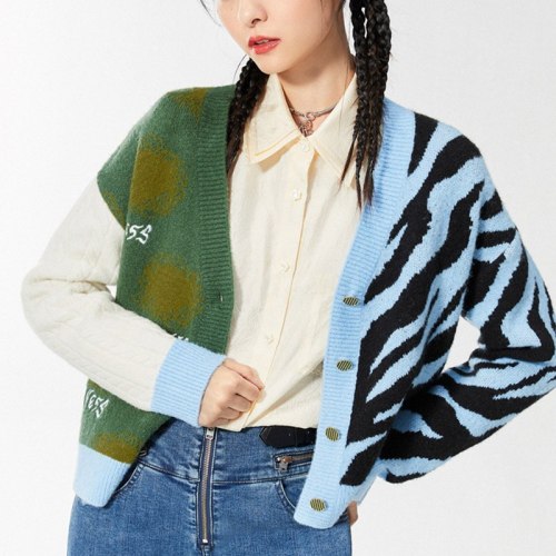 Zebra Print Cardigan For Women Sweater Color-Match V-Neck Autumn Casual Knit Women's Sweaters Fashion Sweet Ladies Knitwear Top