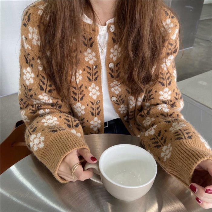 Cardigan Women Print Female Spring Korean Style Round Neck Long Sleeve Sweet Leisure Cozy All Match Knitted Vintage Outerwear