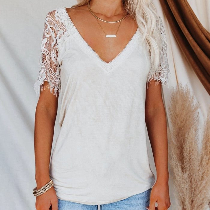 Women T-Shirt Lace Short Sleeve Ladies Pullover t Shirt Party 2021 Summer Tops Sexy V-Neck Casual Top Solid Color Female Tees