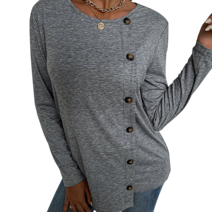 2021 Autumn T-shirts Women's T-shirts Gray Button Tops