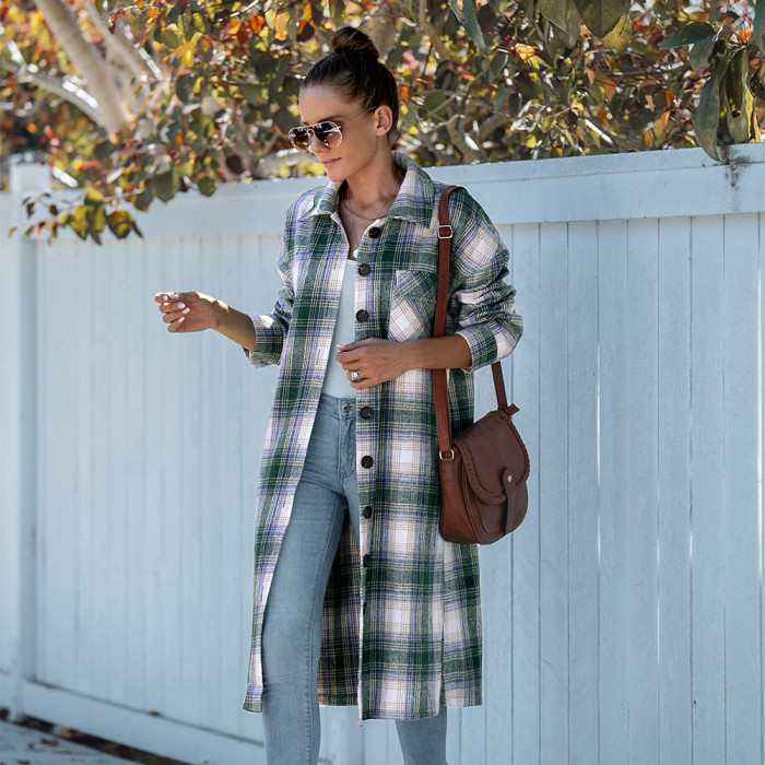 Women's Loose Long Plaid Wind Breaker Coat 2022 Spring and Autumn Fashion Full-sleeved Casual Turn Down Collar Long Coat