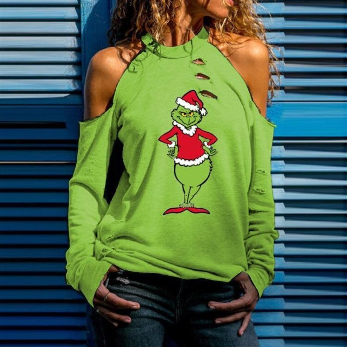 Autumn Women T-Shirts Tops Casual Christmas Grinch Letter Print Off Shoulder Long Sleeves Halter Holes Tops Tees Pullover Blusas