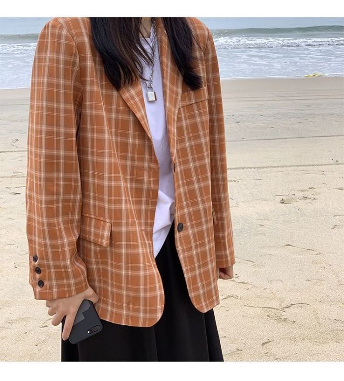 Women Spring Double Breasted Check Blazer Vintage Female Pockets Plaid Suits Jacket Casual Street Outwears