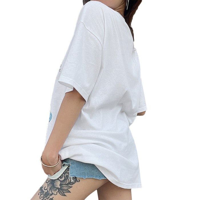 Summer Loose Women T-shirt Cat Print Short Sleeve Long Tee Shirt Round Neck Female Casual T Shirt Tee Top