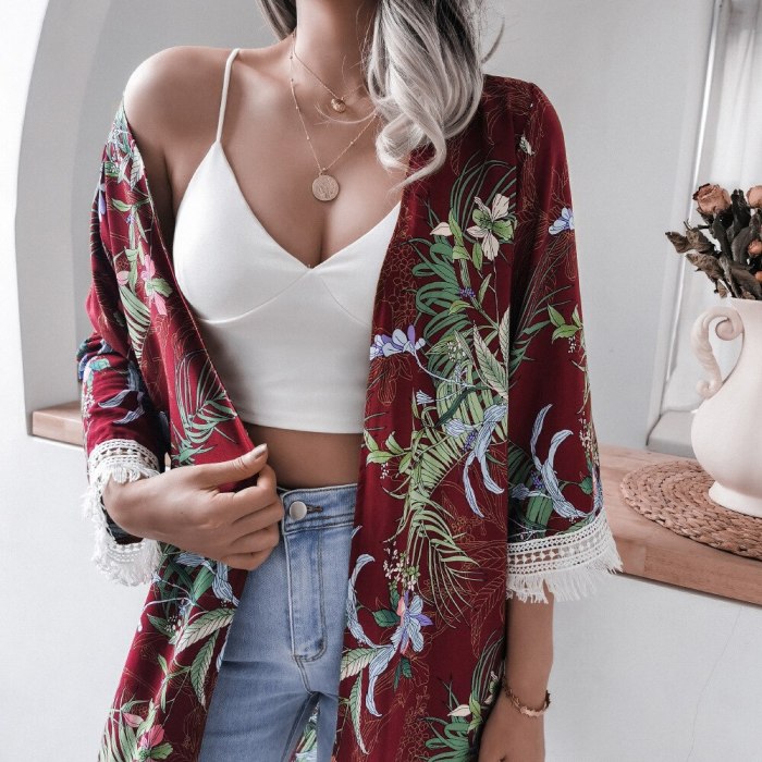 Fringed Trumpet Sleeve Floral Casual Cotton Sunscreen Shirt Beach Blouse