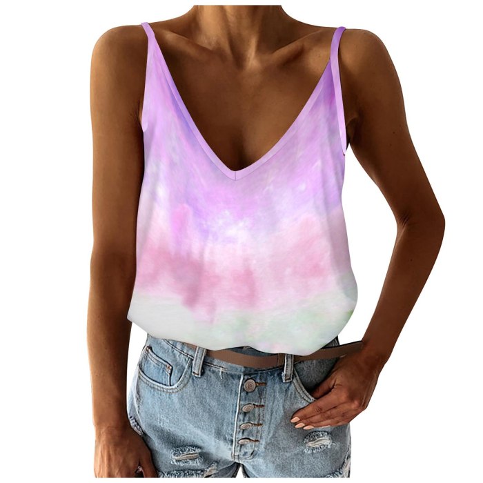 Womens Fashion Camisole Tie-Dye Loose Fit V Neck Sleeveless Color Block Camis Vest Stitching Tops Women Summer Camisole 2021