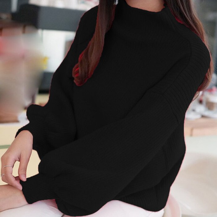 Oversized Women's Autumn Winter Basic Sweaters Solid Knitted Pullovers Korean Style Jumpers Lantern Sleeve Half High Collar