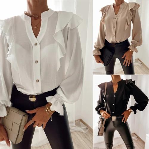 2021 Fashion High Street Female Elegant Ruffle Blouse Women Autumn Long Sleeve V-Neck Pullover Casual Button Solid Color Shirt