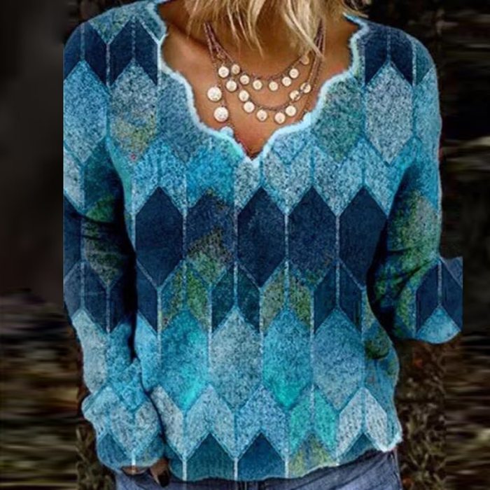 Vintage Geometric Print Sweaters Elegant V-Neck Knit Tops