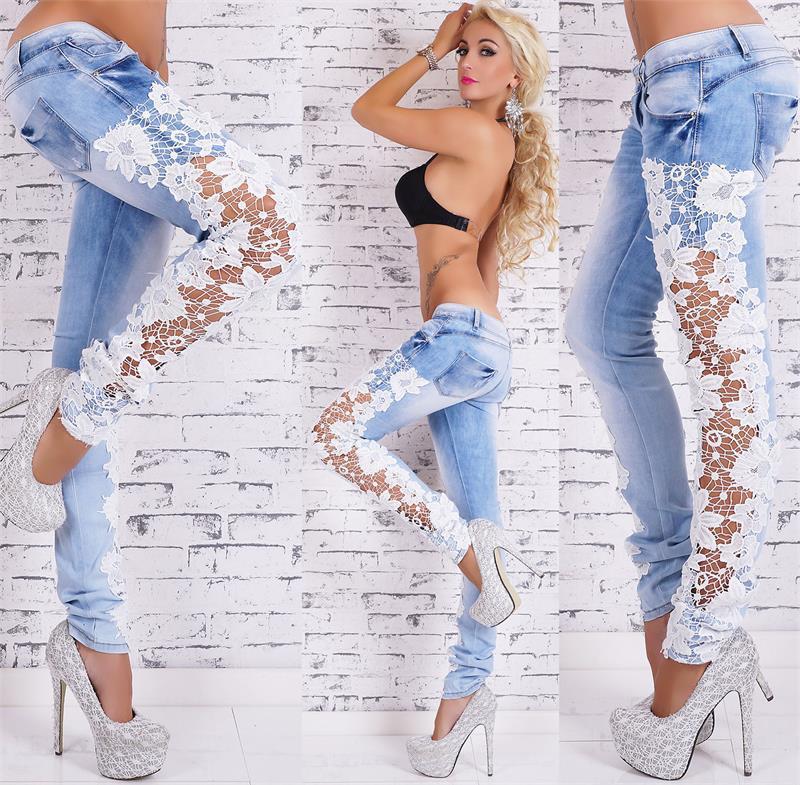 2021 Summer Fashion Women Jeans Low Waist Jeans Ladies Lace Floral Splice Pants With Open Sides Casual Women Denim Pencil Pants