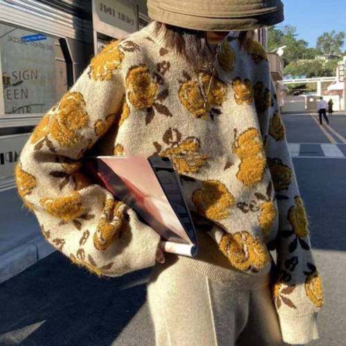 Retro floral sweater ladies spring and autumn new knit top O-neck long-sleeved retro loose pullover Sueter Mujer