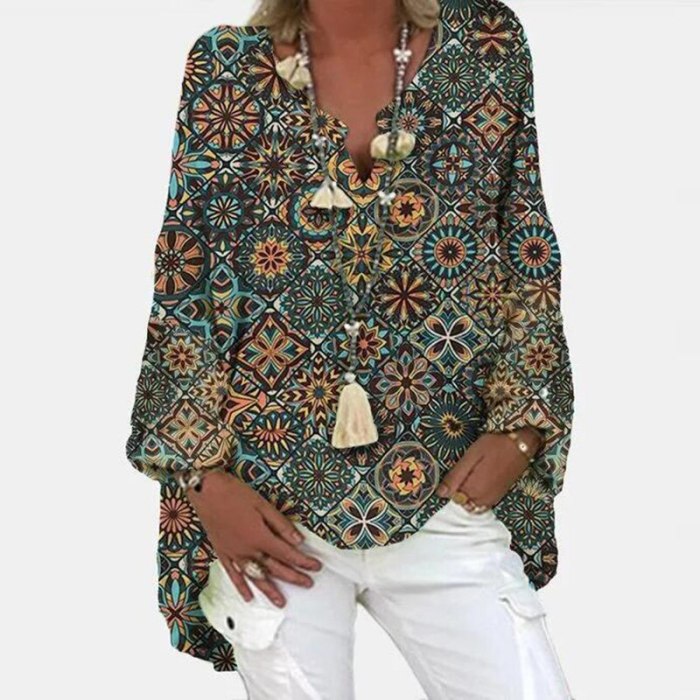 V-Neck Linen Cotton Blouse Shirts Floral Print Tops