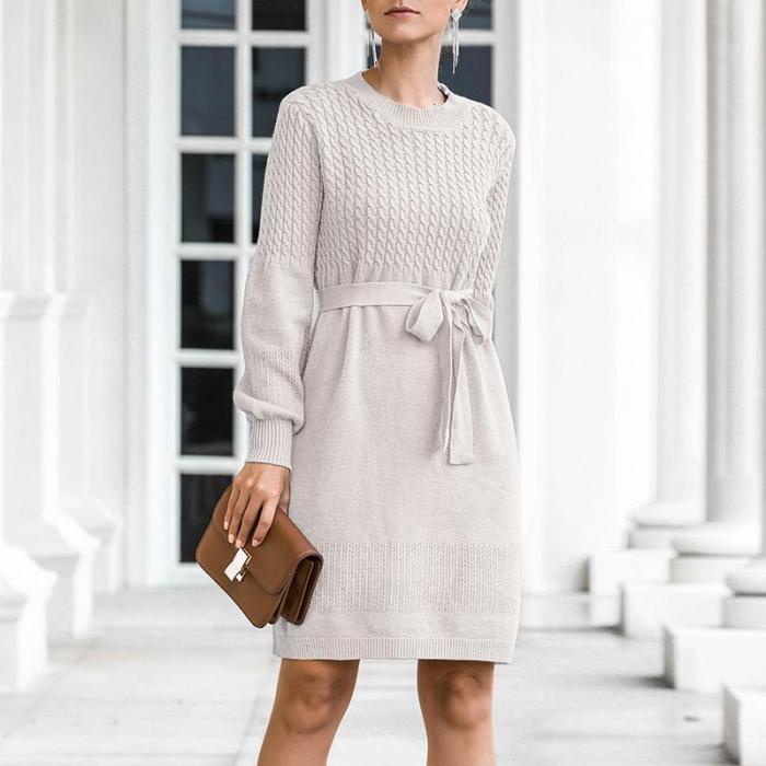 streetally Elegant high waist knitted dress women Office ladies autumn winter belt sweater dress female Soft bodycon midi dress