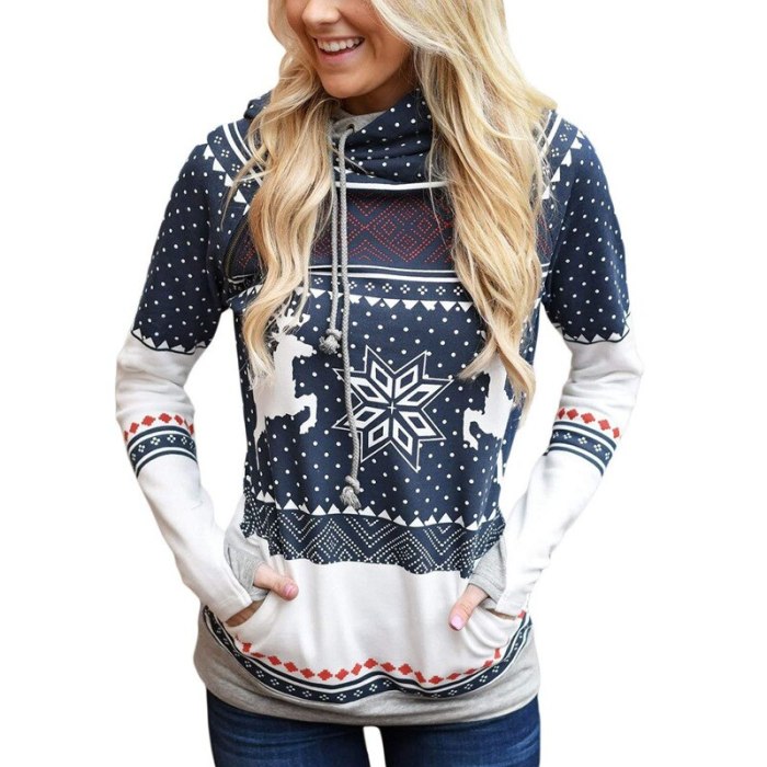 Christmas Zipper Print Sweatshirts Women Long Sleeve Pullovers Hooded Finger Sweatshirts with Pocket