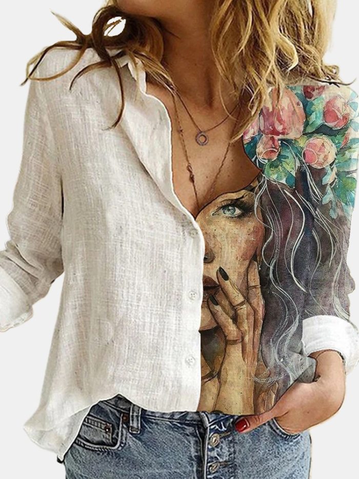 Cat Printed Lapel Long Sleeves Single Breasted Blouses
