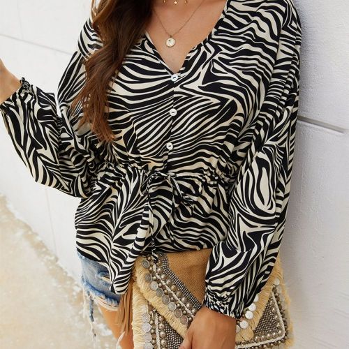 2022 Fashion Sexy Zebra Printing Long Shirt Women's Spring Autumn Long Sleeve V-Neck Loose Bandage Tops