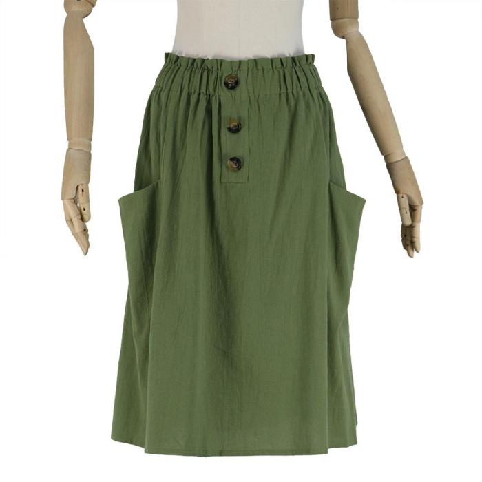 Women Skirts Korean Style Ladies High Waist Midi Knee Length Elegant Cotton Button A Line Skirt Female Pleated School Long Skirt