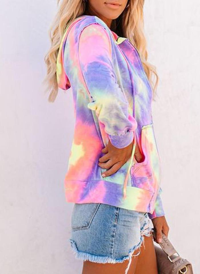 Zip Frint Pocketed Tie-dye Hoodie