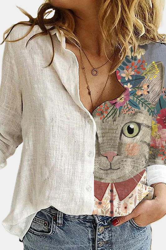 Cat Printed Lapel Long Sleeves Single Breasted Blouses