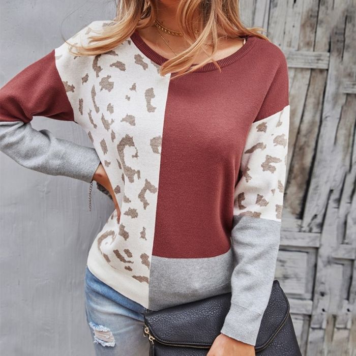 Fashion Patchwork Leopard Women Sweater Lady O-Neck Long Sleeve Top Casual Jumper Knitted Oversize Pullovers