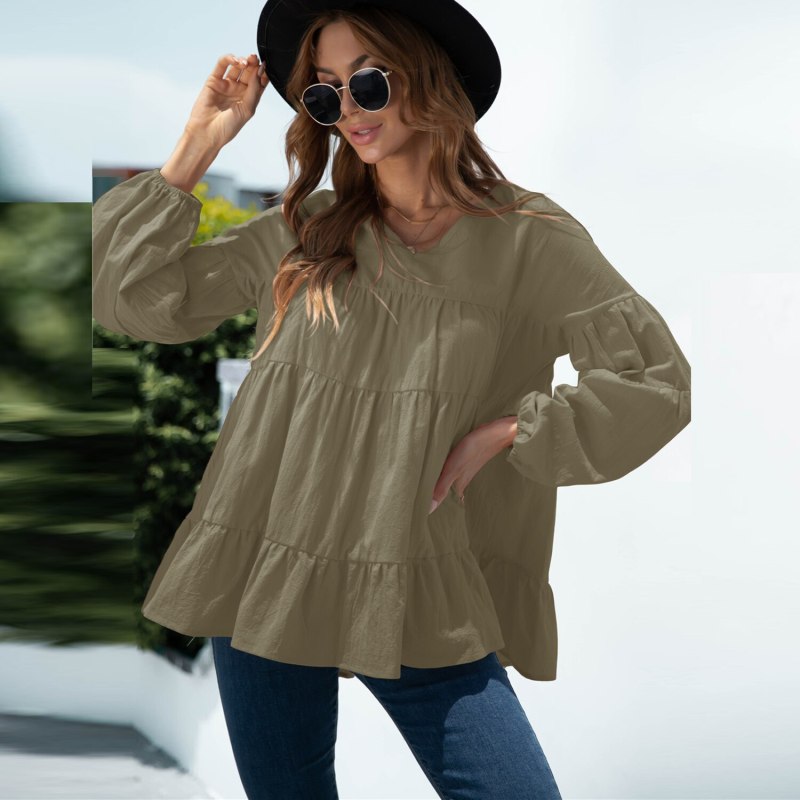 Autumn Women V-Neck Lantern Sleeve Basic Pleated T-shirts female Casual Loose High Waist Pullover Ruffles A Line Tshirt Lady Top