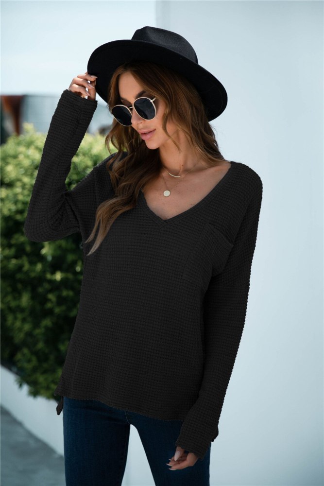 2021 Women Solid Sexy V-neck Split Pocket T-shirt Casual Long Sleeve Loose Top For Autumn