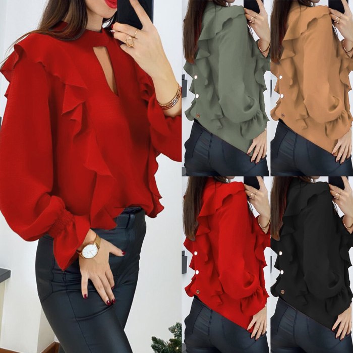 40# Sexy Butterfly sleeve Blouses tops Women's V-Neck Long Sleeve Solid Buttons Casual Party Loose Blouse Shirts Elegant Shirts