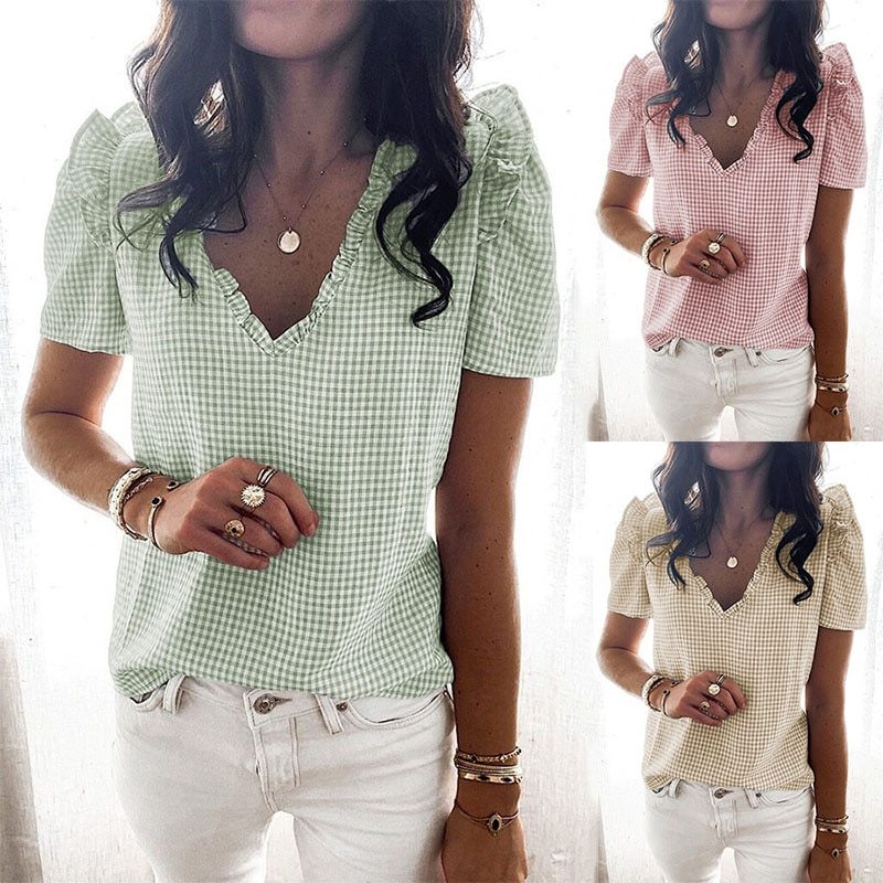 Summer Fashion V-neck Short Sleeved Tops Plus Shirts Summer Casual Shirts for Women Oversized T Shirt Brandy Melville Tops