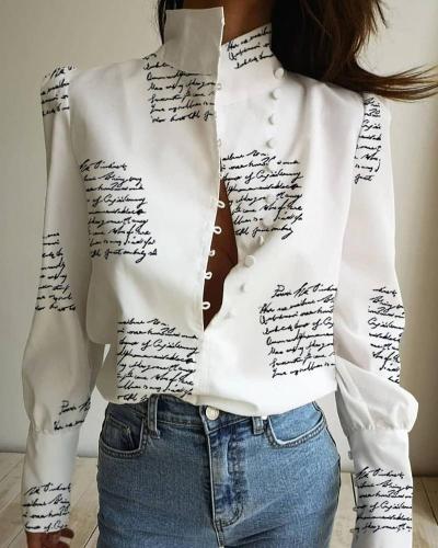 Stand Neck Letter Print Buttoned Shirt