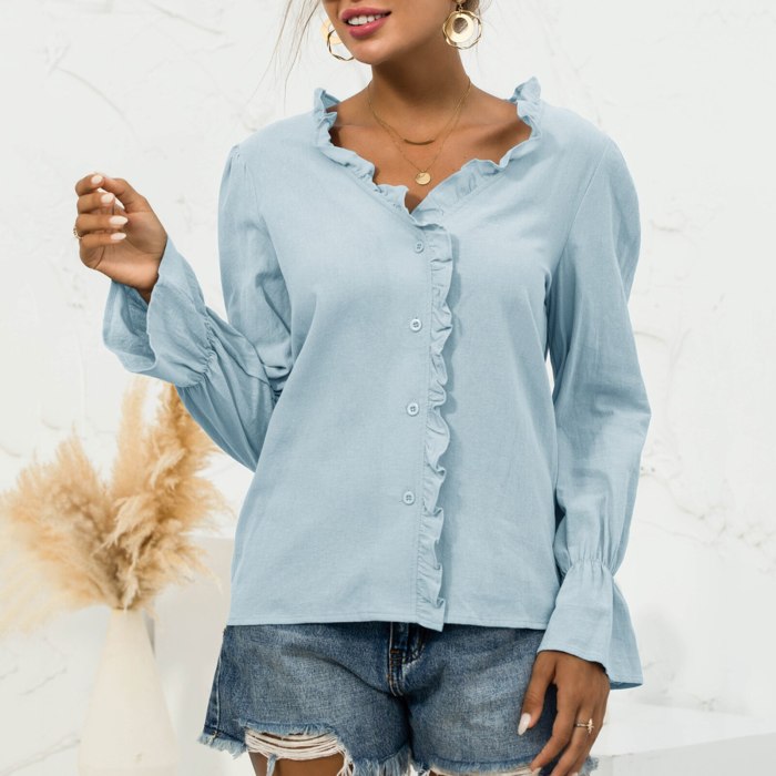 Autumn Fashion Casual Cute Tops Blouse Shirts V Neck Solid Shirt Ruffled Design Long Flare Sleeves Button Elegant Shirt Female