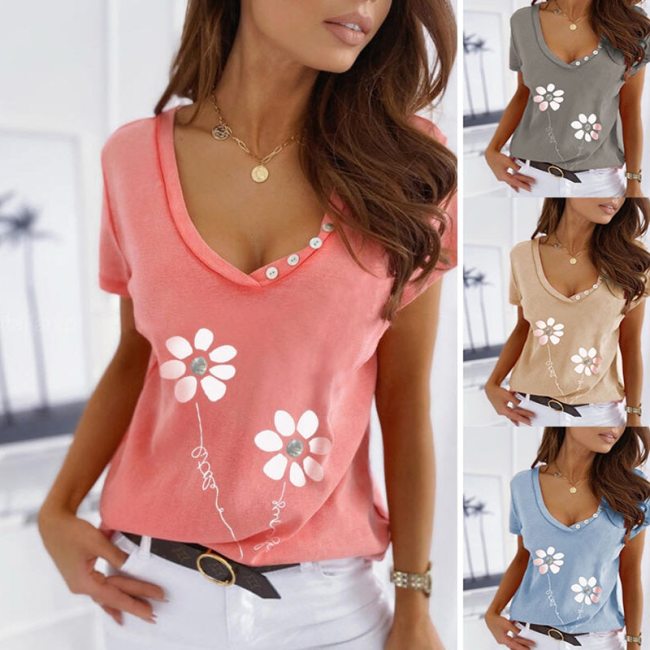 Summer Women's Loose Casual Tops Solid Color Printing V-neck Short-sleeved T-shirt for Women Fashion Cotton Plus Size Clothing