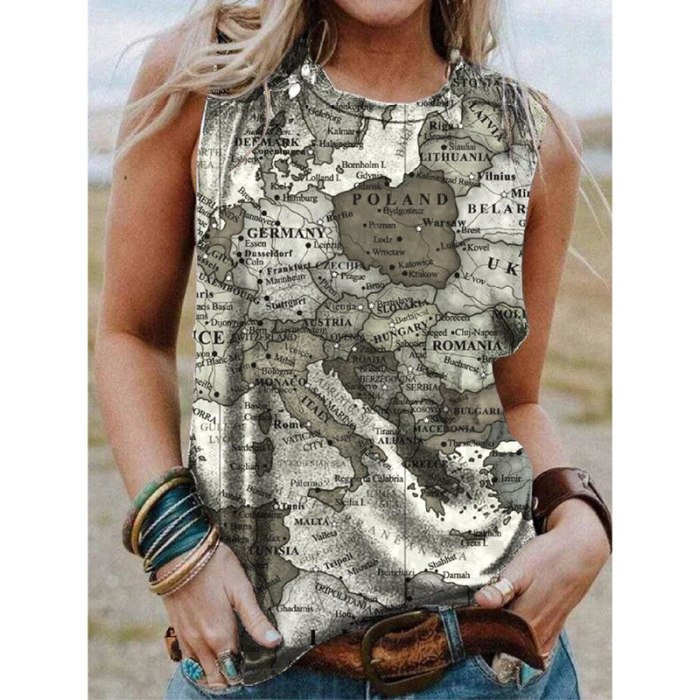 Summer New Fashion Women's Round Neck Plus Size Pullover Sleeveless Map Printed Vest Casual Top Women Clothing Female Tee Shirt