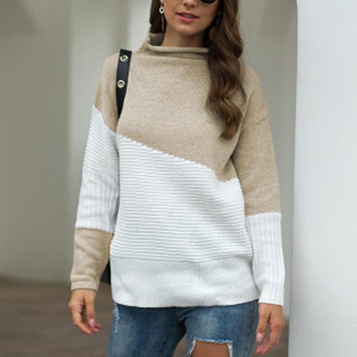 Irregular Sleeve High Collar Contrast Knit Sweater