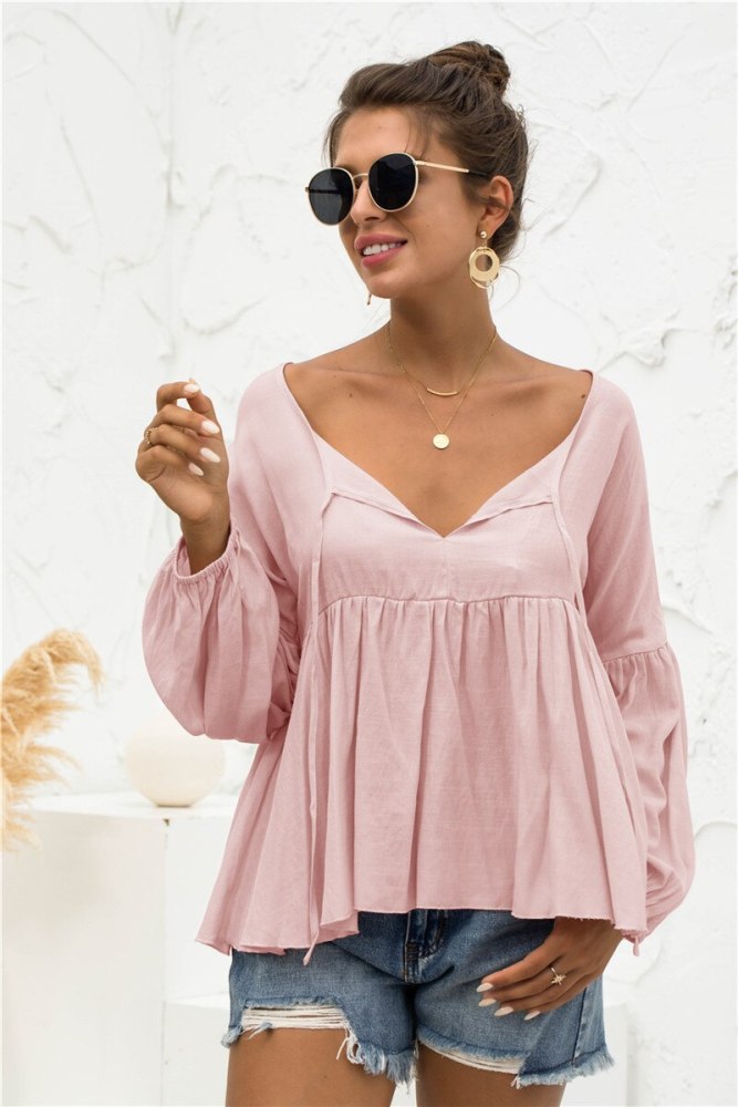 Women's Blouses Solid Color Shirts Patchwork V-Neck Long Lantern Sleeve Tops Women's Clothing 2021 Casual Blusas Femme Y2k Top