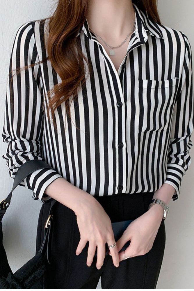 Autumn Fashion Stripe Chiffon Long-sleeve Women Shirts Professional Temperament Office Lady Button Up Shirt Camisas De Mujer