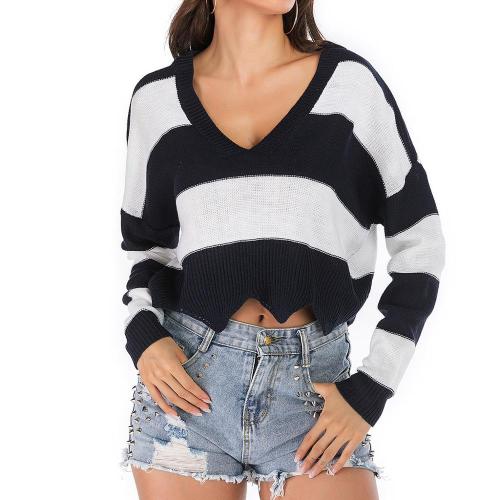 Women's V-neck striped long-sleeved sweater casual wave edge women's Korean style shirt T-shirt