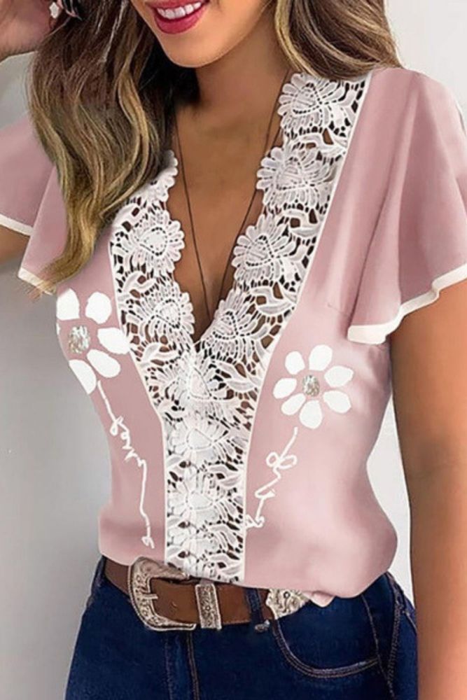 Women's V-neck Lace Printed Ruffle Short Sleeve T-shirt Top Slim Elegant Summer Ladies Shirt Aesthetic Clothes