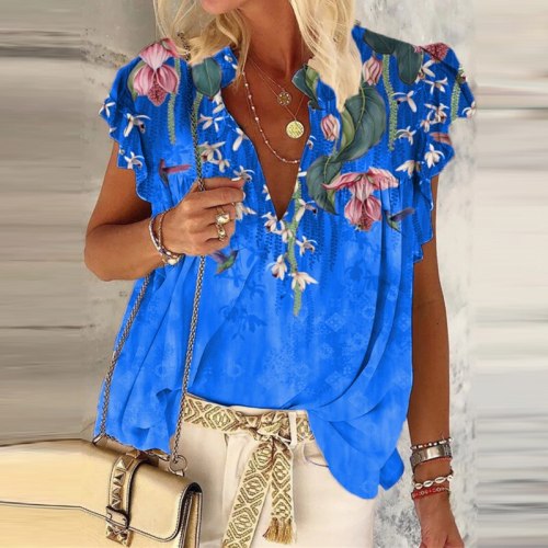 Women Ruffles Casual V-Neck Tops Summer Floral Print Ruffles Casual Shirts Colorful Loose Oversized 5XL Blouse Streetwear Blusa