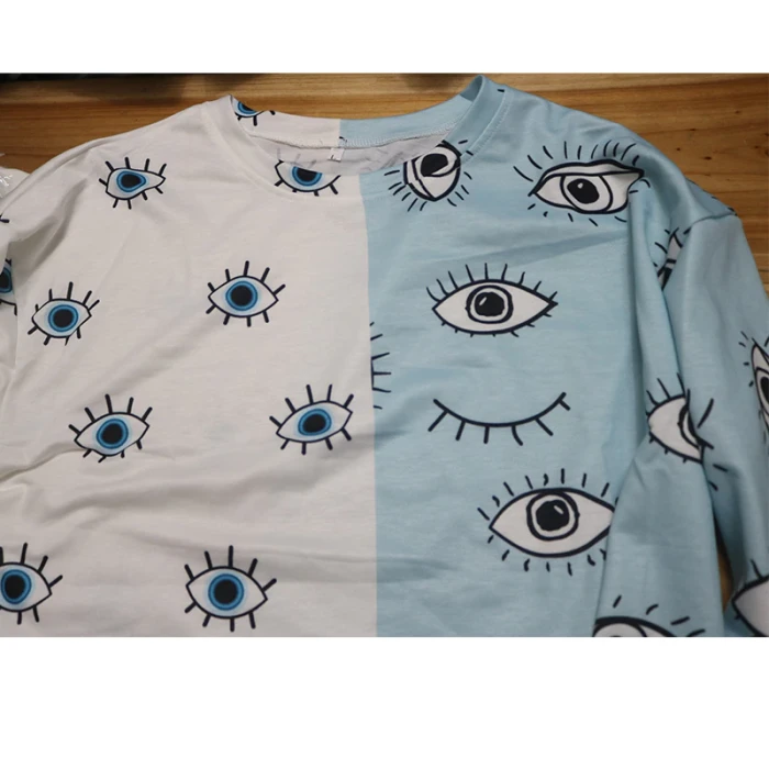 Eye Print White Blue Stitching Pullovers Oversized Sweatshirt Women Long Sleeve Streetwear USA England Style BF 2021 Spring New
