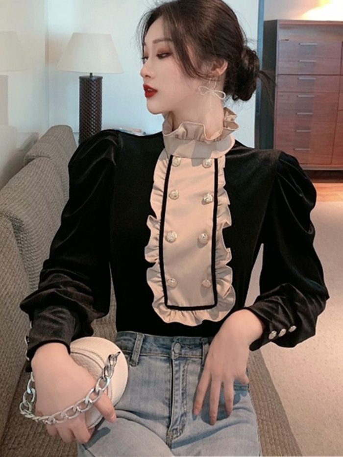 Vintage Puff Sleeves Ruffle Stand Collar Velvet Top
