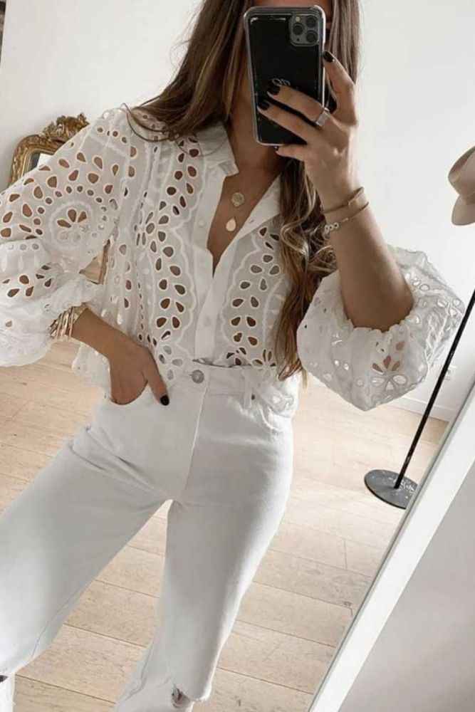 white hollow out cotton womens tops long sleeve shirt women chic turn-down collar sexy blouses shrits for women