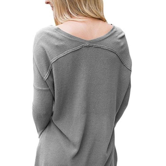 Casual Fashion simple V neck long sleeve knitted T shirt blouse
