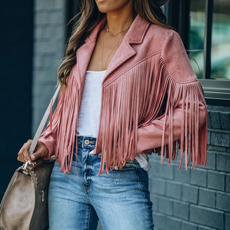 Faux Suede Jacket Women's Motorcycle Lapel Handsome Jacket Fall 2021 Ladies Solid Fringed Short Coat Women Jackets