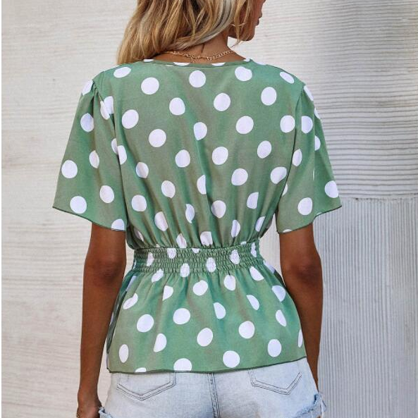 Fashion Women Summer Polka Dot Print T-Shirts for Streetwear Shrinkage Design V-Neck Short Sleeve Elastic Mid Waist Slim Top
