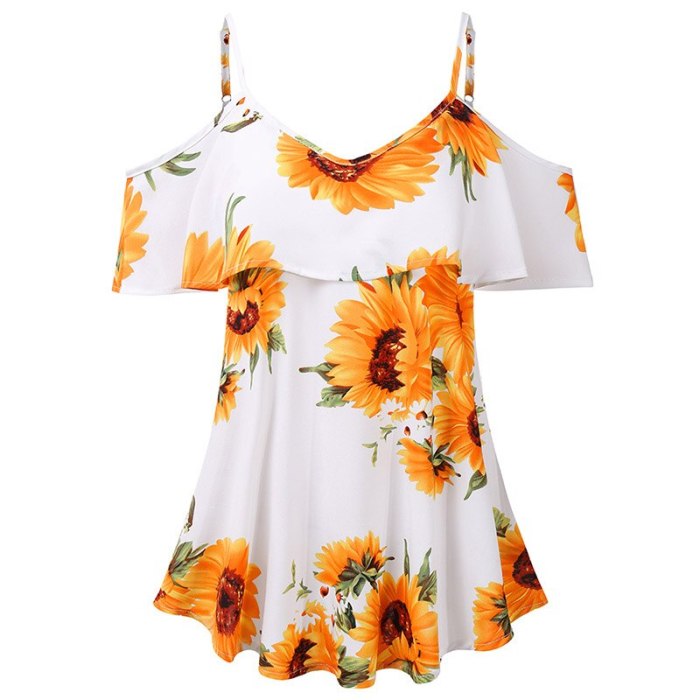 New Sunflowers Printed Strap Blouses Women Plus Size Summer Beach Ruffles Casual Shirts White Red Off Shoulder Tops Blusas XXXL